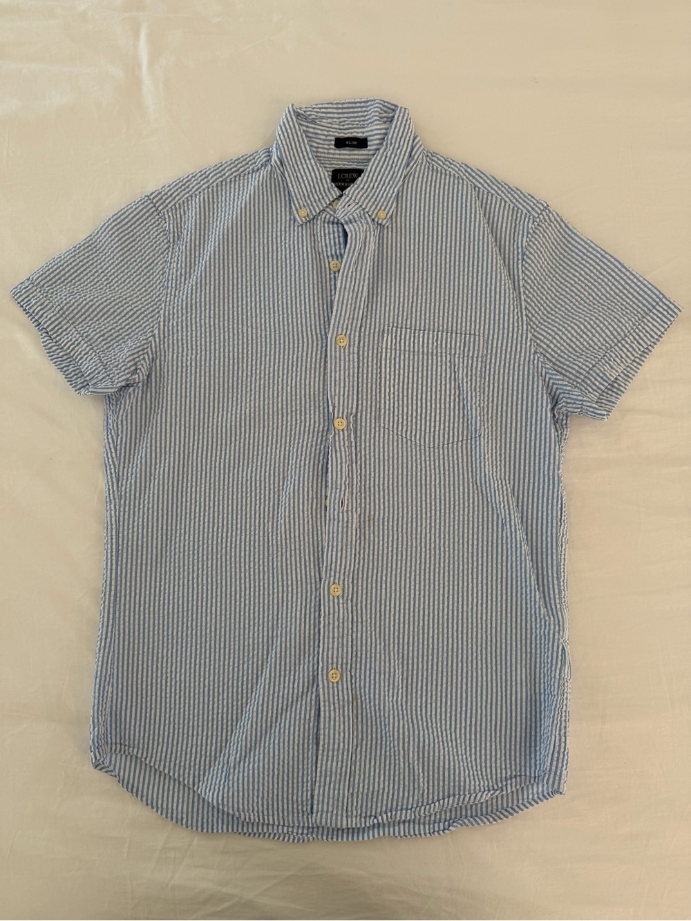 J. Crew Short-Sleeve Seersucker Button-Down in Light Blue and White